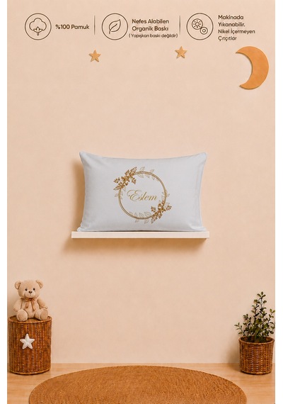İsme Özel Kız Bebek Yastık Kılıfı 35x45 Cm %100 Pamuk Organik Baskılı İsimli Bebek Hediyesi 1054y