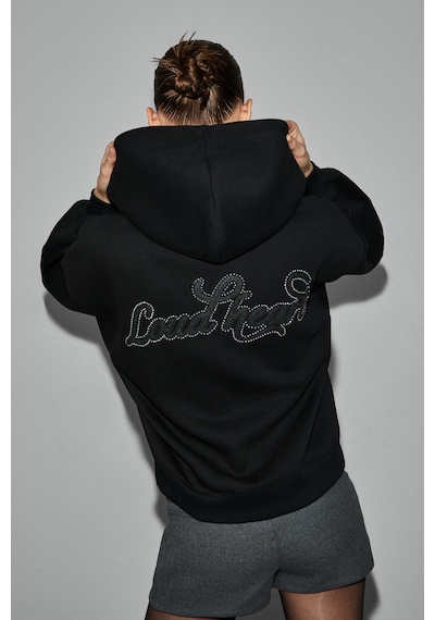 Grımelange Asterelle Kadın Pamuklu İçi Polarlı Oversize Kapüşonlu Sırtcı Patch Detaylı Siyah Sweatsh Siyah