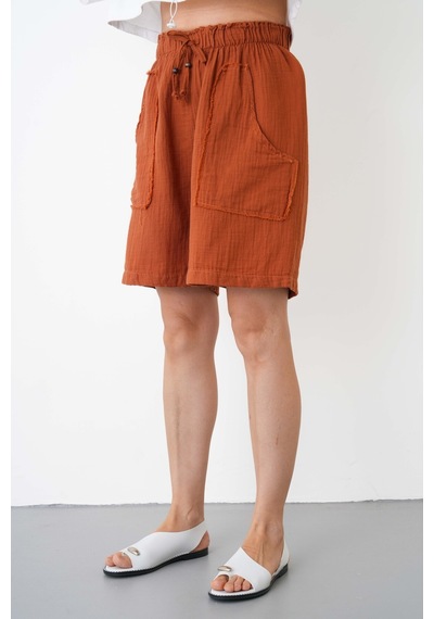 The Voler Müslin Şort Kadın Yüksek Bel Oversize Rahat Kesim Cepli %100 Pamuklu Yazlık Şort Kiremit The Voler Müslin Şort Kadın Yüksek Bel Oversize Rahat Kesim Cepli %100 Pamuklu Yazlık Şort Kiremit