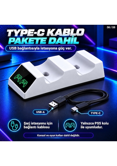Dexxony Tp5-0508b Ps5 Uyumlu Çift Oyun Kolu Şarj İstasyonu Led Göstergeli Type-c Beyaz