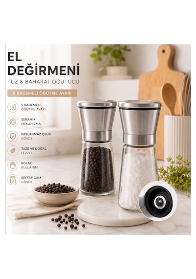 Seramik Öğütücülü 5 Kademe Ayarlı Tuz Ve Karabiber El Değirmeni - 180 Ml Şeffaf Cam Hazne 13 Cm 2'li Set