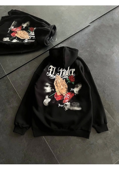 Üç İplik Penye Uzun Kol Kapşonlu Baskılı Sweatshirt - Siyah Siyah