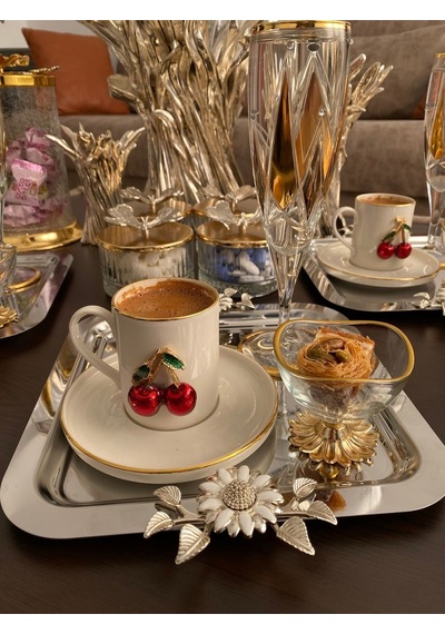 Atabey Home Collection 6'lı Kahve & Çay & Sunum Tepsisi Çelik Gümüş Tepsi Papatya Model