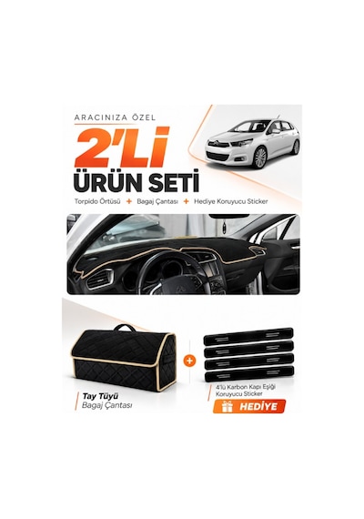E-biz Cıtroen C4 2011-2020 Uyumlu Torpido Örtüsü + Tay Tüyü Bagaj Çantası Seti - Siyah-bej - Cı008