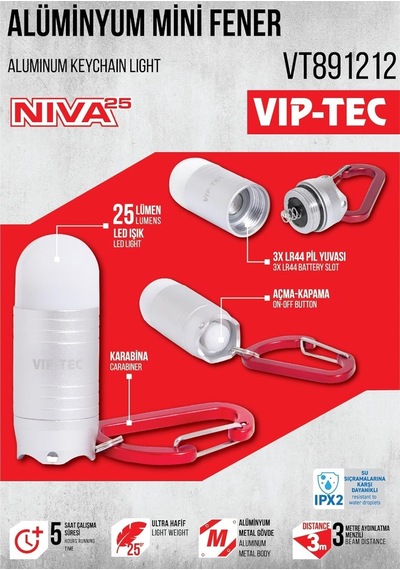 Vıp-tec Nıva25 Alüminyum Mini Cep Feneri 25 Lümen Karabinalı Anahtarlık Aydınlatma Ultra Hafif Genel