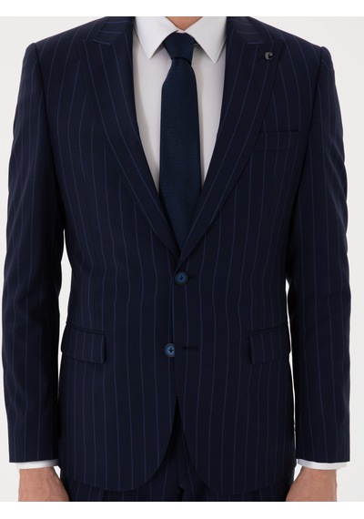 Cacharel Koyu Lacivert Slim Fit Çizgili Kırlangıç Yaka Yün Takım Elbise