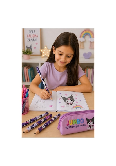 Kuromi Jumbo Kurşun Kalem 1 Adet Fatih Üçgen Başlangıç Kalemi Siyah İlk Kalemim Jumbo Kalın Kalem Kolay Tutuş Çok Renkli
