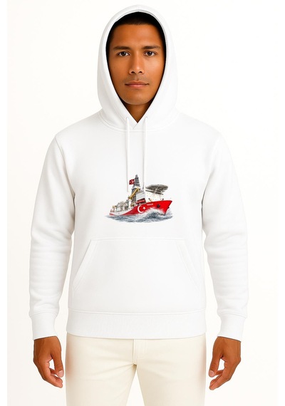 Bahriyeli Collection Kapüşonlu Yavuz Sondaj Gemisi Dalgalar Arası Göğüs Ve Sırt Baskılı Unisex Sweatshirt Beyaz