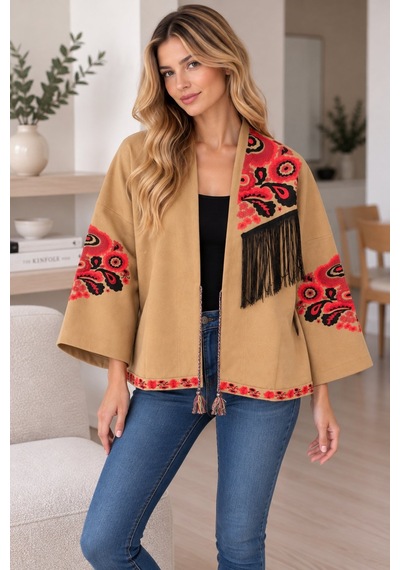 Lima Camel Kadın Nakışlı Ceket Etnik Desenli Püskül Detaylı Kimono Ceket