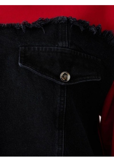 Kız Çocuk Mevsimlik Altı Denim Cepli 3 İplik Sweatshirt-14777 Kırmızı