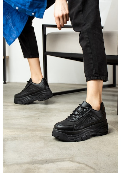 Nstil Günlük Kadın Spor Ayakkabı Yüksek Kalın Taban 6 Cm Suni Deri Sneaker 001 Siyah