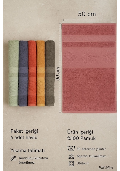 6 Lı El Yüz Havlusu Seti %100 Pamuklu 50x90 Cm Pure Cotton Hardal
