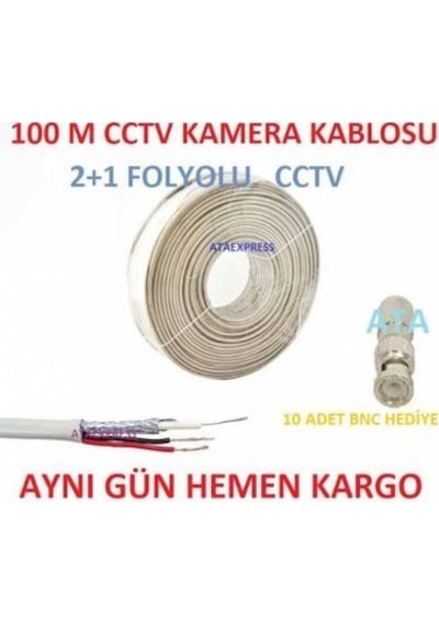 100Mt Cct 2+1 Kamera Kablosu +10 Adet Bnc