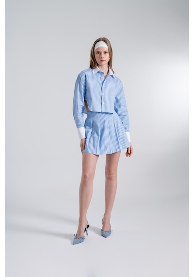 Holly Lolly Çizgili Pilili Mini Harmony Poplin Etek Mavi