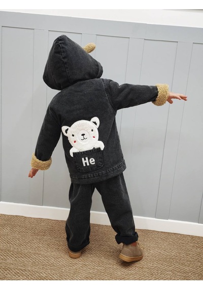 Butik Şirin Teddy Kulaklı Erkek Çocuk Siyah Kot Mont - İçi Kürklü / Peluş Astar Ceket