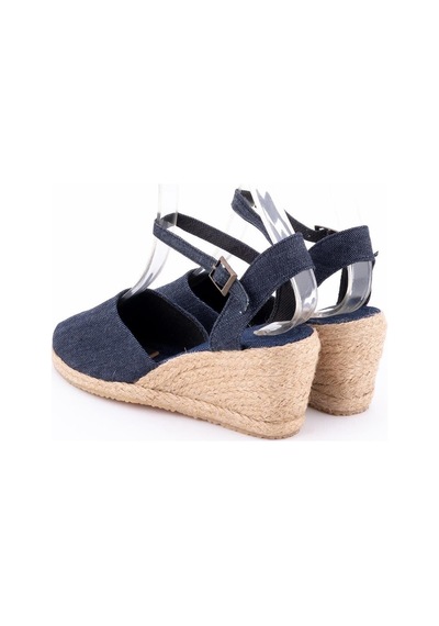 Star Tombis Gerçek Elişi Topuğu Açık Bilekten Bantlı Dolgu Topuk Kot Mavi Keten Hasır Espadril Handmade Koyu Mavi