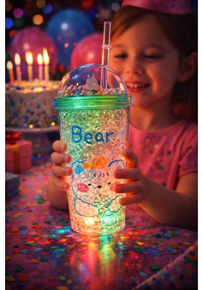 Çocuklar İçin Sevimli Bear Led Işıklı Renkli Boncuklu 450 Ml Pipetli İçecek Bardağı Suluk Yeşil 2093