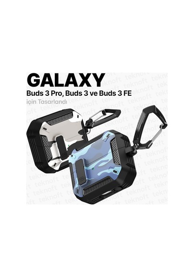 Samsung Galaxy Buds 3 Pro, Buds 3 Ve Buds 3 Fe İle Uyumlu Mandallı Kapak Kilit Sistemli Mat Dokulu Darbelere Dayanıklı Kamuflaj Silikon Kılıf Siyah