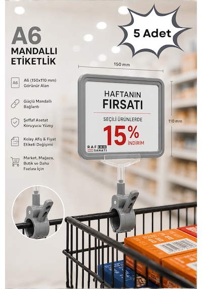 5 Adet - A6 Fiyatlık Mandallı Etiketlik Sepet Raf Askılık Fiyat Etiketi Çerçeveli Market Mağaza Gri