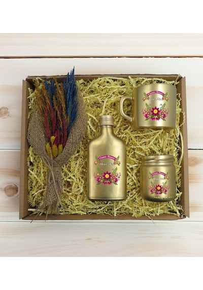 Bk Gift Kişiye Özel İsimli Dtf Anne Temalı Gold Kahve Fincanı & Kolonya & Mum & El Yapımı Kuru Çiçek Buketi Hediye Seti-6, Anneye Hediye, Anneler Günü