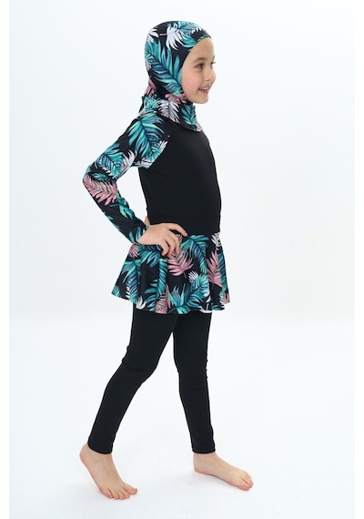 My Kids Wear Üç Parça Kız Çocuk Haşema, Tesettür, Etekli, Kapalı Mayo Mor - Lacivert