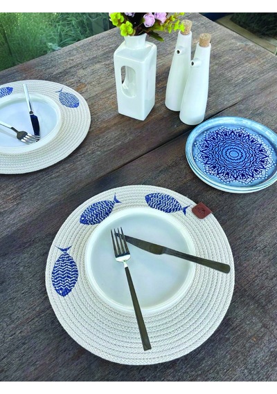 2'li Set Balıklar İşlemeli Amerikan Servis-leke Tutmaz Natural 33 Cm Beyaz