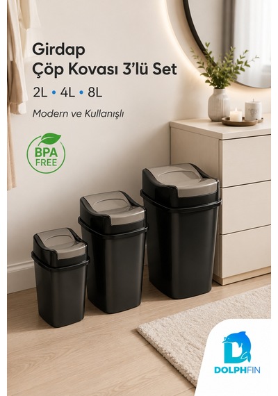 Girdap 3 Lü Sallanır Kapaklı Çöp Kovası Seti 2 L 4 L 8 L Banyo Mutfak Siyah