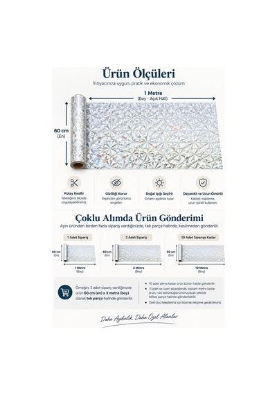 Deconitte Statik Cam Filmi 60x100cm 3d Diamond Elmas Desen Yapışkansız Dekoratif Pencere Kaplama Filmi, Kumlama