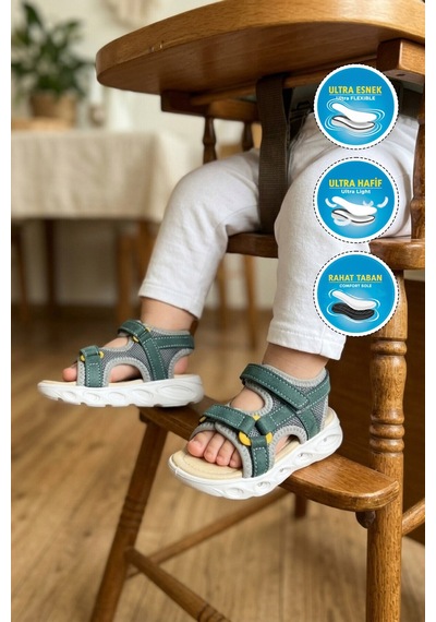 Cool Petrol Yeşili Cırtlı Işıklı Hafif Bebek Sandalet Sage B