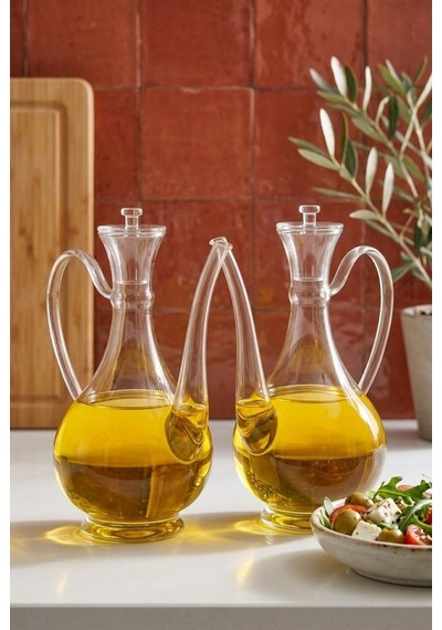 2'li Borosilikat Cam İbrik Yağlık Sirkelik Seti 750 Ml - Damlatmaz Yağdanlık Şeffaf
