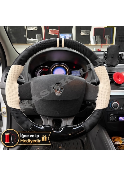 Renault Fluence Dikme Direksiyon Kılıfı Delikli Deri Parlak Siyah Bej Detay Çift Yüzük Ve Dikiş 2009-2016