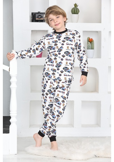 Modanino Erkek Çocuk Araba Baskılı Pijama Takımı 1-7 Yaş 12290 Beyaz