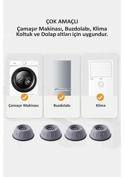 Beyaz Eşya Ayağı Çamaşır Makinesi Mobilya Titreşim Önleyici 4'lü Set Ve 4cm Yükseltici Kaydırmaz Gri Diğer