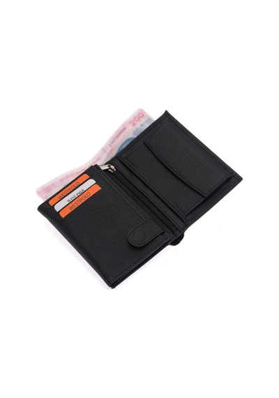 Westpolo Hakiki Deri Kağıt Para Ve Bozuk Para Bölmeli Fermuarlı Unisex Cüzdan - Siyah Siyah