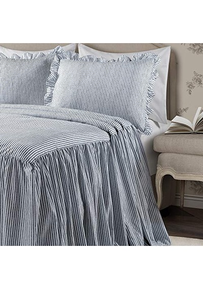 Ticking Çizgili Yatak Örtüsü Lacivert Vintage Şık Çiftlik Evi Tarzı Hafif 3 Parça Set King, Polyester Çok Renkli