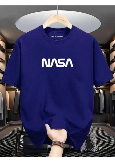 Nasa Baskılı Oversize Tişört Saks Mavisi