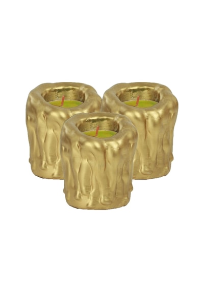 Mumluk Şamdan 3 Adet Tealight Uyumlu Üçlü Orta Erimiş Mum Model - Altın