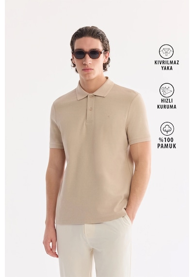 Avva Erkek Bej Kıvrılmaz Polo Yaka %100 Pamuk Basic Regular Fit T-shirt B001032