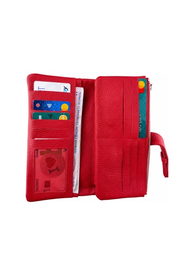 Alphaclub Bag Unisex Hakiki Deri Kırmızı Renk Fermuarlı Çok Bölmeli Uzun Cüzdan