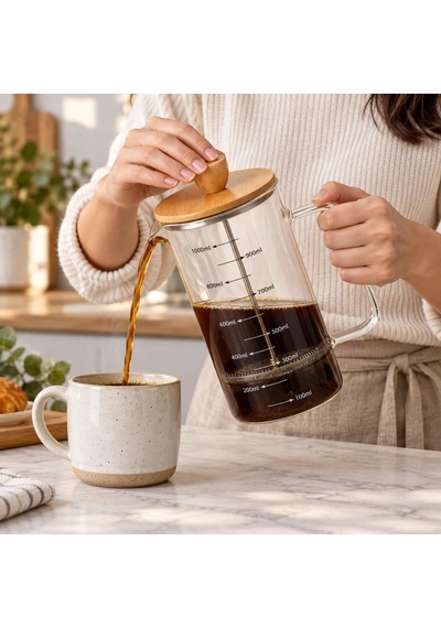 Bambu Kapaklı French Press, 1000 Ml Ölçülü Borosilikat Cam Filtre Kahve Ve Bitki Çayı Demliği, Cam Kulplu Diğer