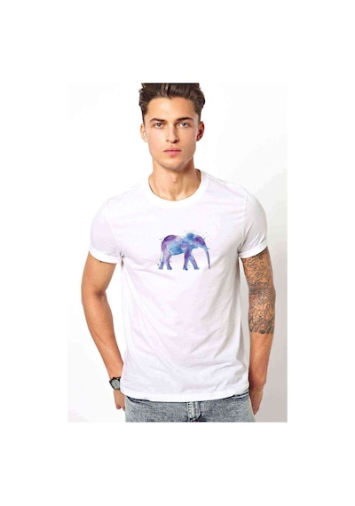 Mor Ve Mavi Fil Boyama Fil Baskılı Beyaz Erkek Tshirt