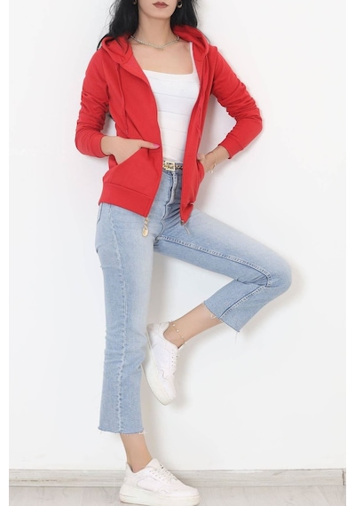 Bensu Store - Kapşonlu Fermuarlı Sweat Kırmızı - 11866.108. 001