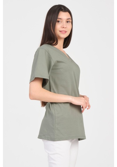 As Collection Yeşil V Yaka Kısa Kol Boyfriend Kadın T-shirt Yeşil