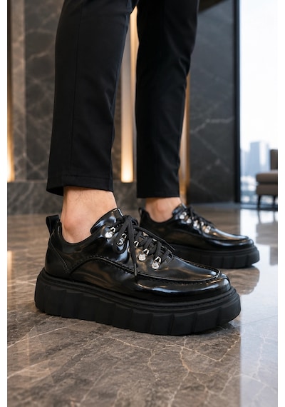 Mevese Duolc Bağcıklı Rugan Erkek Günlük Rahat Taban Sneaker Ayakkabı - Siyah