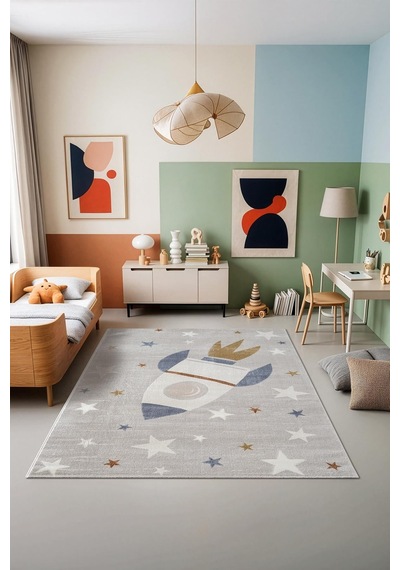 Icon Kids Ic013r Gri Renk Akrilik Roket Ve Yıldız Desenli Çocuk Odası Halısı-939 Gri