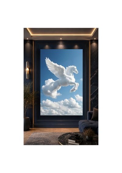 Kanatlı At Pegasus Gökyüzü Tablo Mavi Bulutlar Ve Beyaz At Dekoratif Cam Tablo Modern Premium Duvar Dekoru Uv Baskı