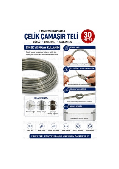 3 Mm Pvc Kaplama Çelik Çamaşır Teli 30 Metre Paslanmaz Güçlü Çamaşır Asma Teli İç Ve Dış Mekan Kulla Çok Renkli