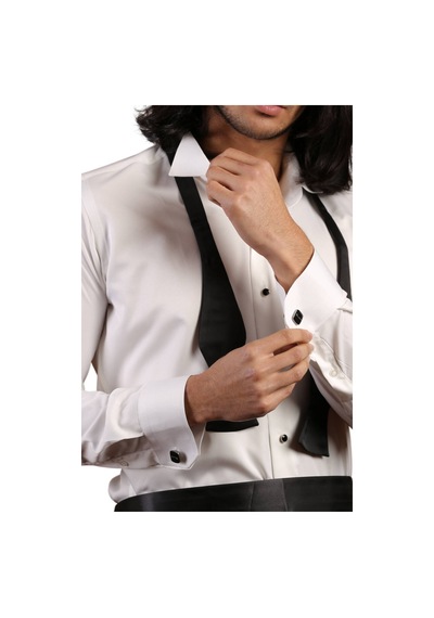 Dicotto Krem Siyah Taş Düğmeli Damatlık Ata Yaka Kol Düğmeli Slim Fit Smokin Gömlek - 007 001