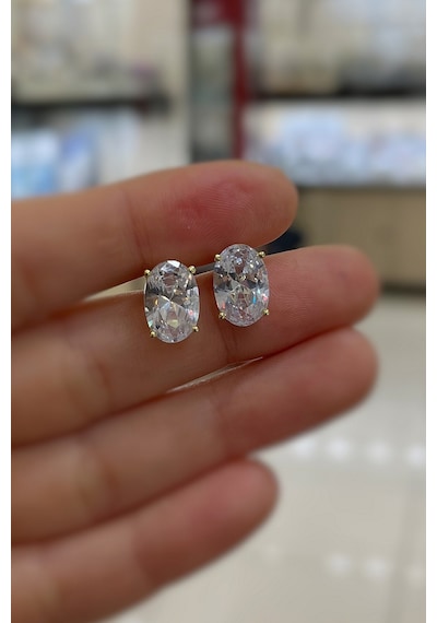 Gümüş Oval 12x8 Mm 4,5 Carat Altın Kaplama Tektaş Küpe Sarı