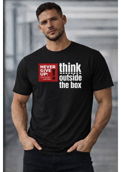 Herkesemoda Think Outside Yazı Detaylı Basic T-shirt Siyah